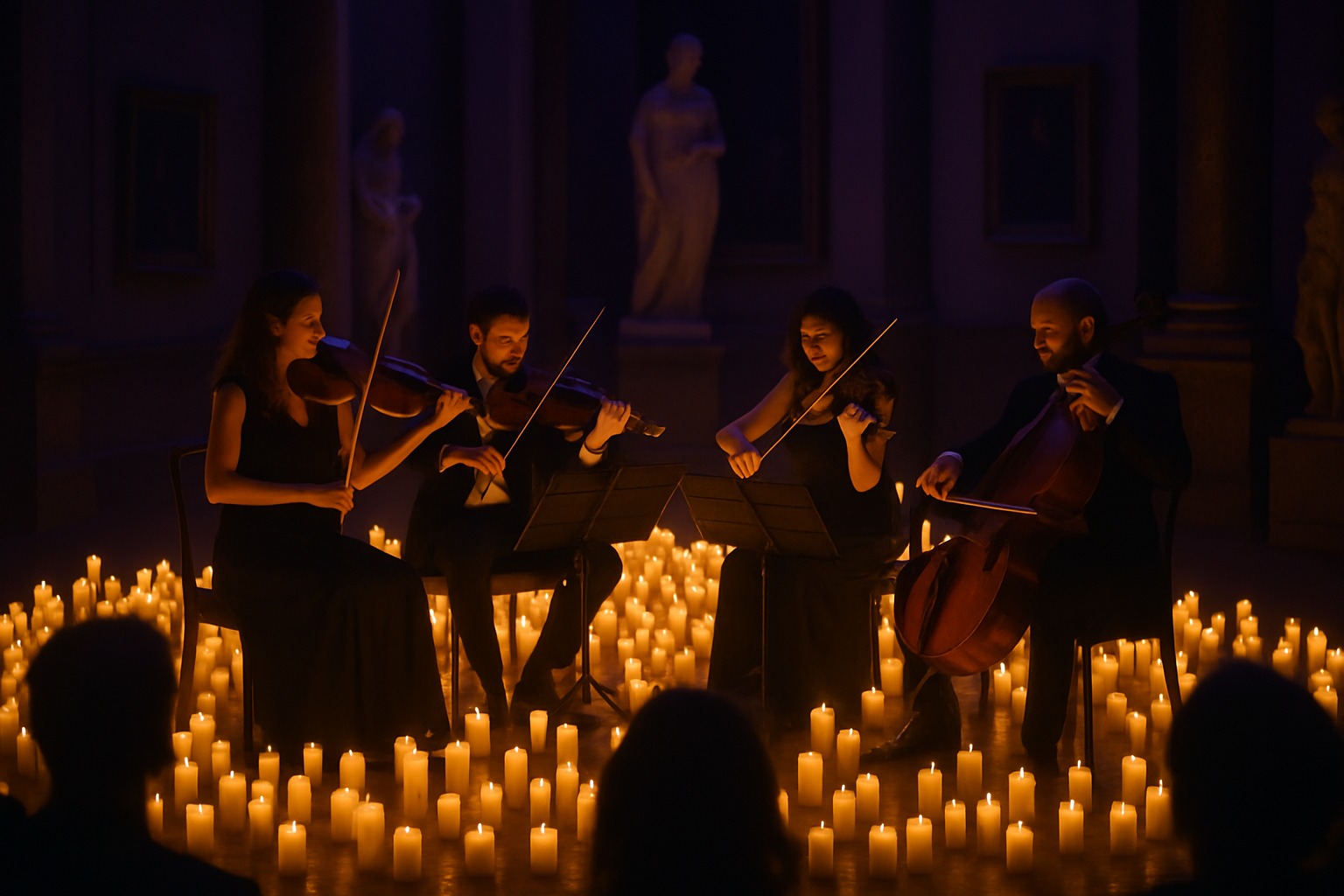 Illustrative image of a string quartet performing by candlelight in an elegant museum hall