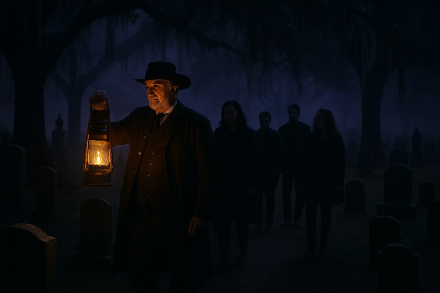 Illustrative image of a lantern-lit ghost tour walking through a foggy historic cemetery at night