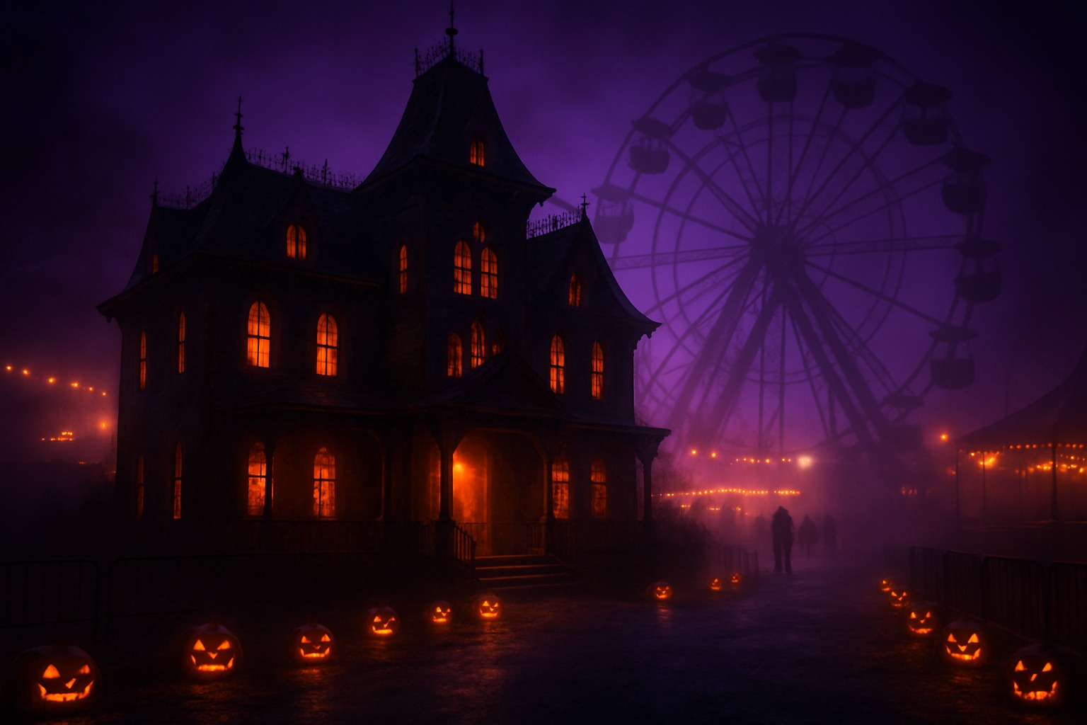 Illustrative image of a haunted carnival entrance at night, with a Ferris wheel in purple fog and glowing jack-o-lanterns