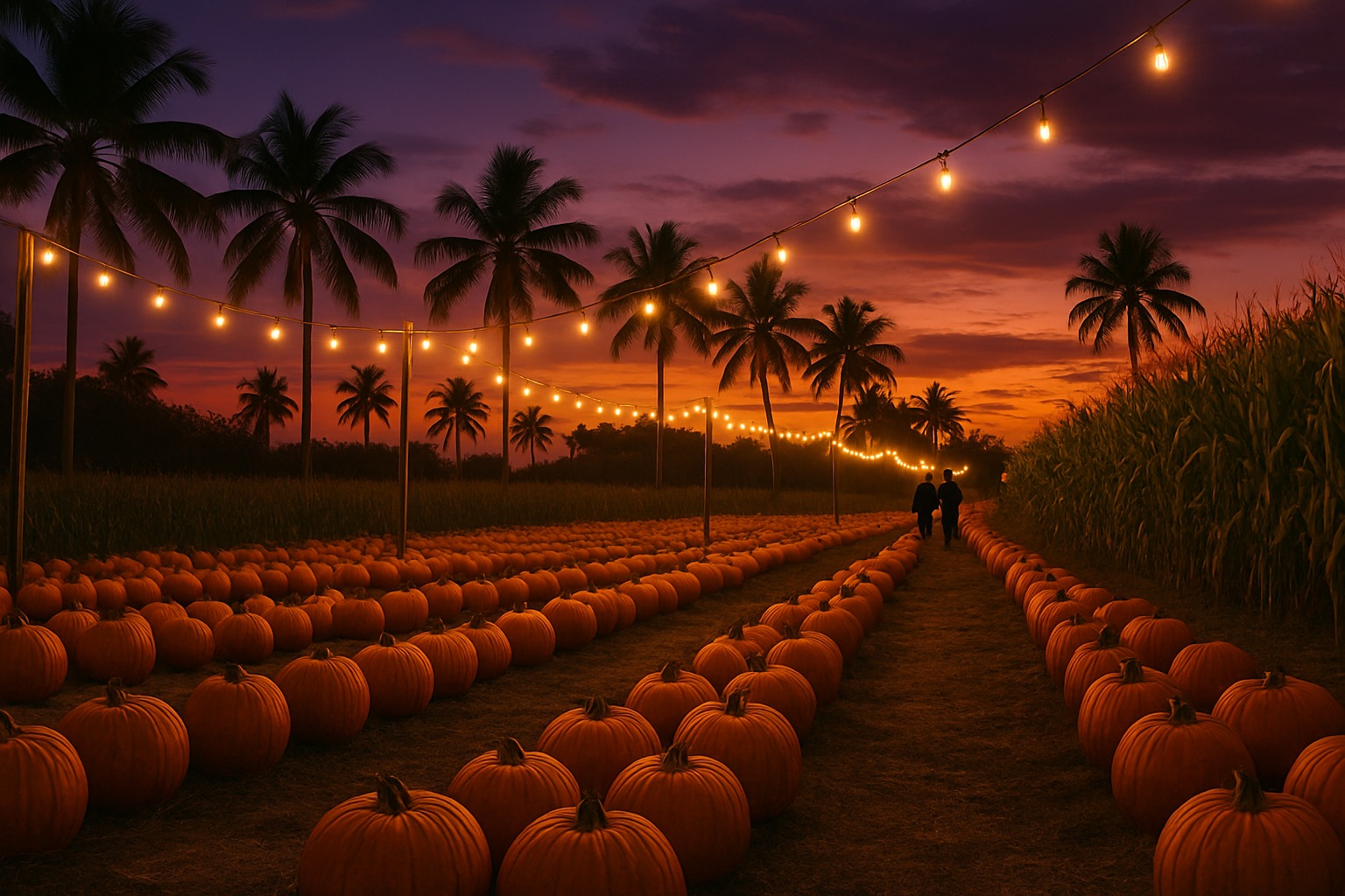 Illustrative image of a pumpkin patch at dusk in South Florida, with rows of pumpkins, palm trees and string lights