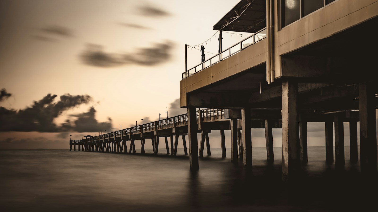 The Dania Beach Pier seen from below, extending over the Atlantic Ocean in Dania Beach, Florida