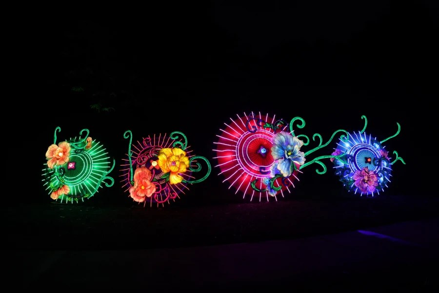 Glowing floral silk lanterns along the ILUMINA trail at Mounts Botanical Garden