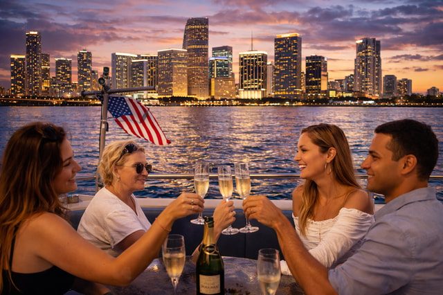 Friends toasting with champagne on a Miami sunset cocktail cruise as the skyline lights up