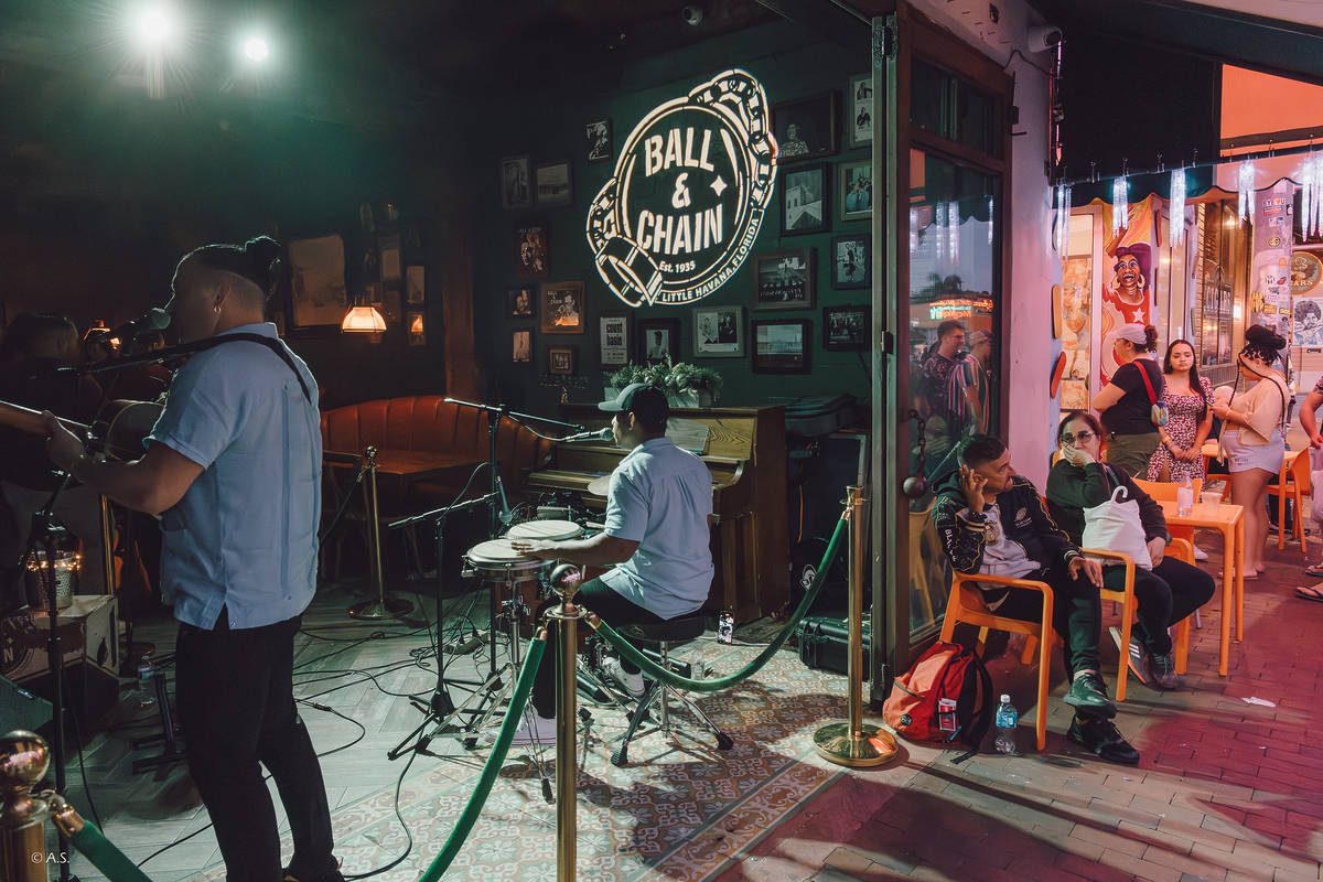 A live band performing on stage at Ball & Chain in Little Havana, Miami