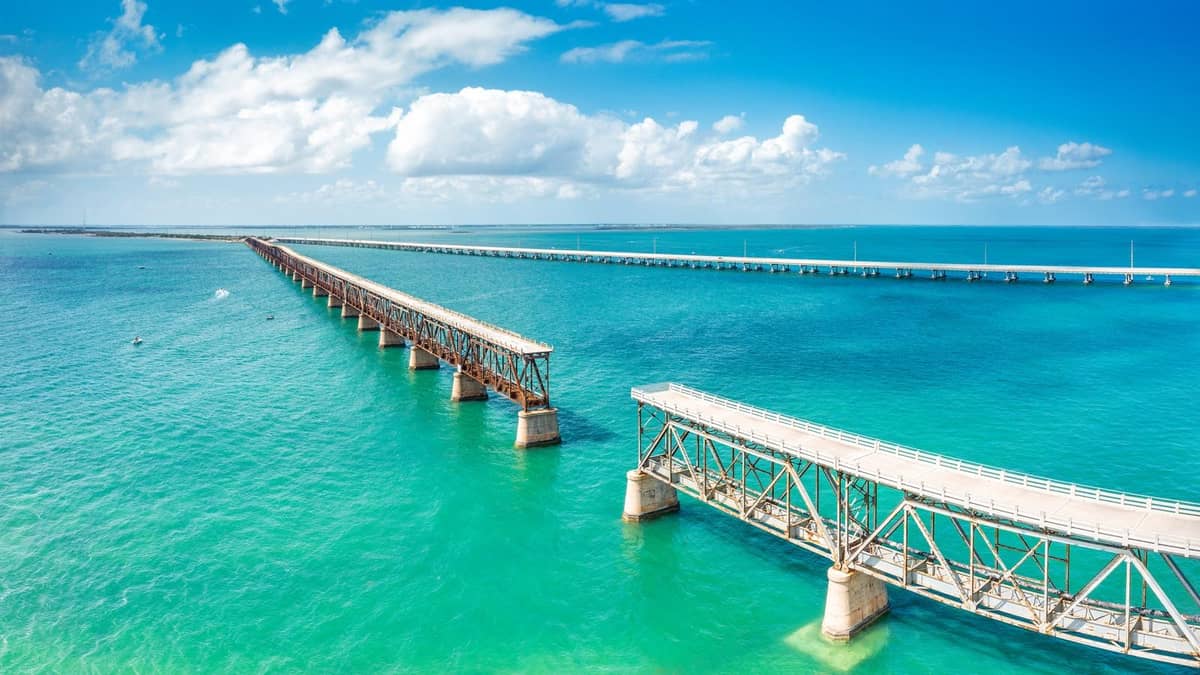 The Overseas Highway bridges crossing turquoise water on the drive to Key West