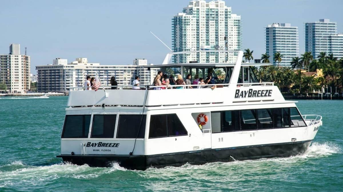 The BayBreeze yacht cruising Biscayne Bay past Miami condos on the Millionaires' Homes sightseeing cruise