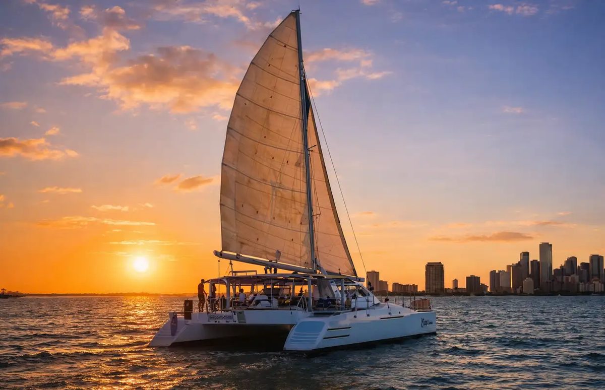 The Caribbean Spirit catamaran under full sail on Biscayne Bay at sunset